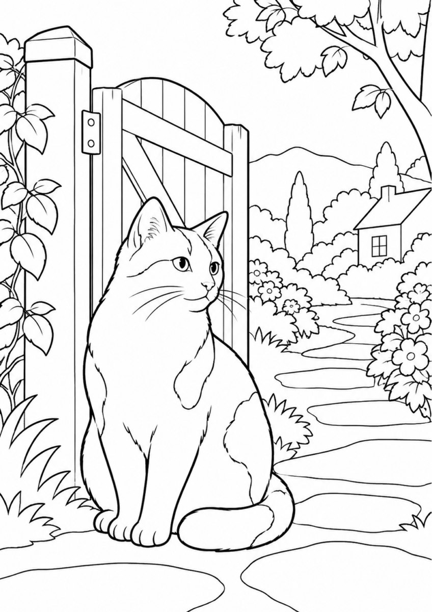 庭の門で待つ猫を描いた高齢者向けの白黒線画塗り絵