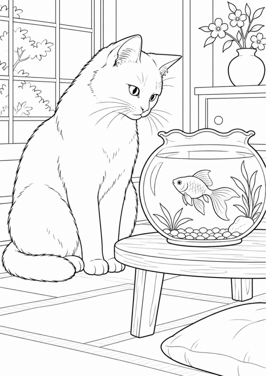 金魚鉢を眺める猫を描いた高齢者向けの白黒線画塗り絵