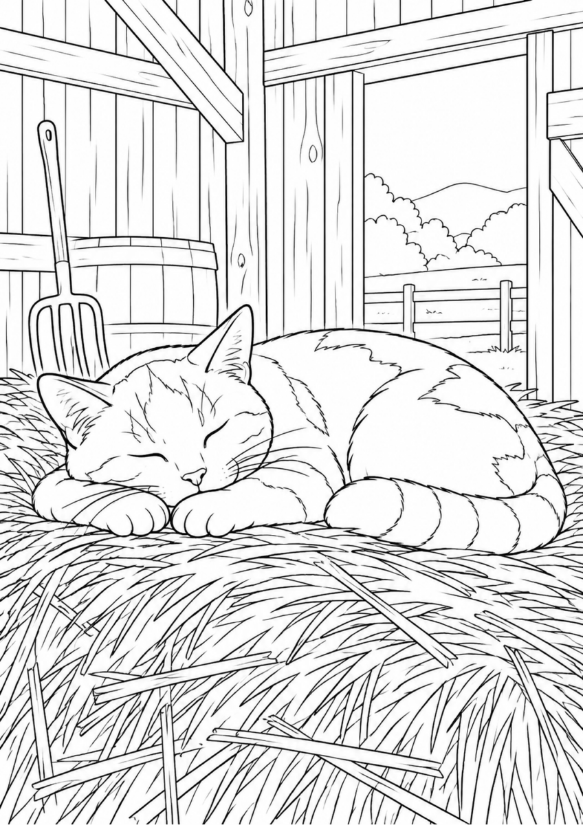 納屋の干し草で眠る猫を描いた高齢者向けの白黒線画塗り絵