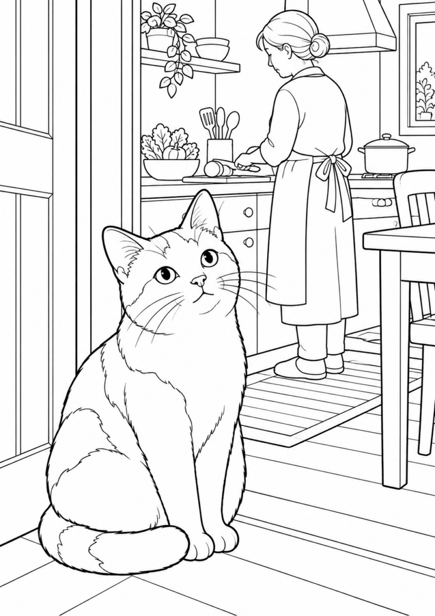 台所で料理を待つ猫を描いた高齢者向けの白黒線画塗り絵