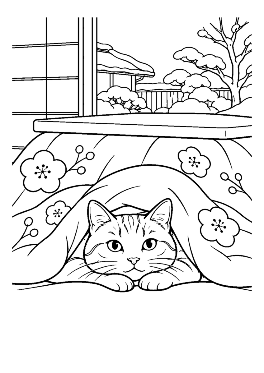 こたつ布団から顔を出す猫1匹。白黒の高齢者向け塗り絵