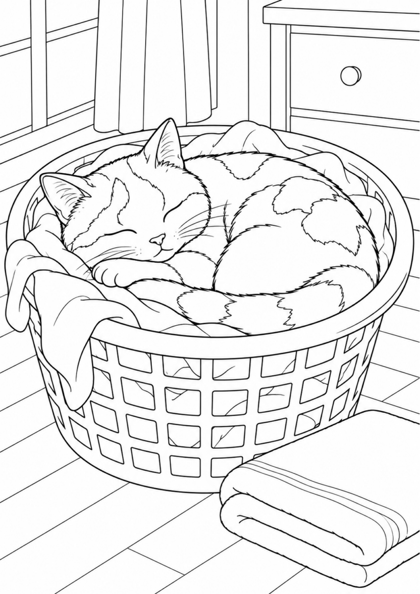 洗濯かごで眠る猫を描いた高齢者向けの白黒線画塗り絵