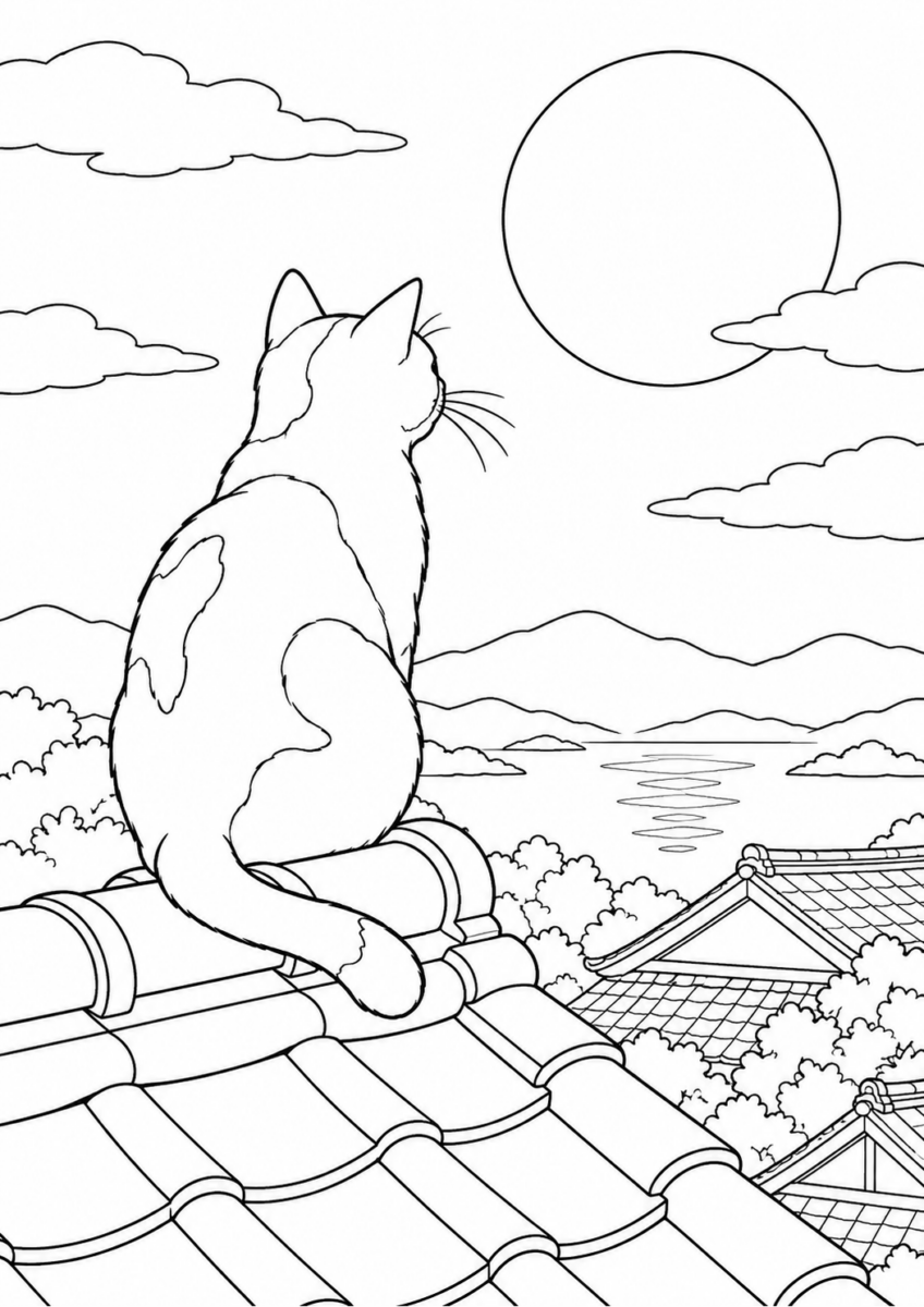 月を見上げる屋根の猫を描いた高齢者向けの白黒線画塗り絵