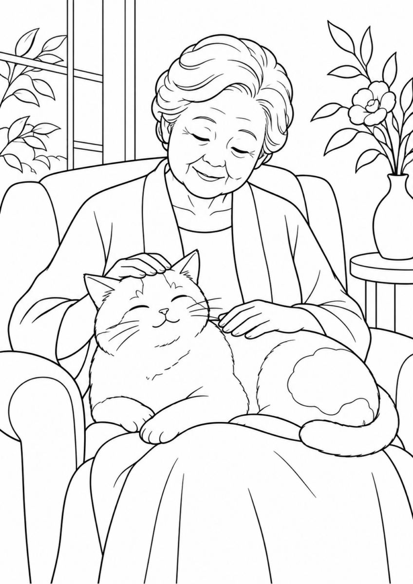 おばあさんの膝に座る猫を描いた高齢者向けの白黒線画塗り絵