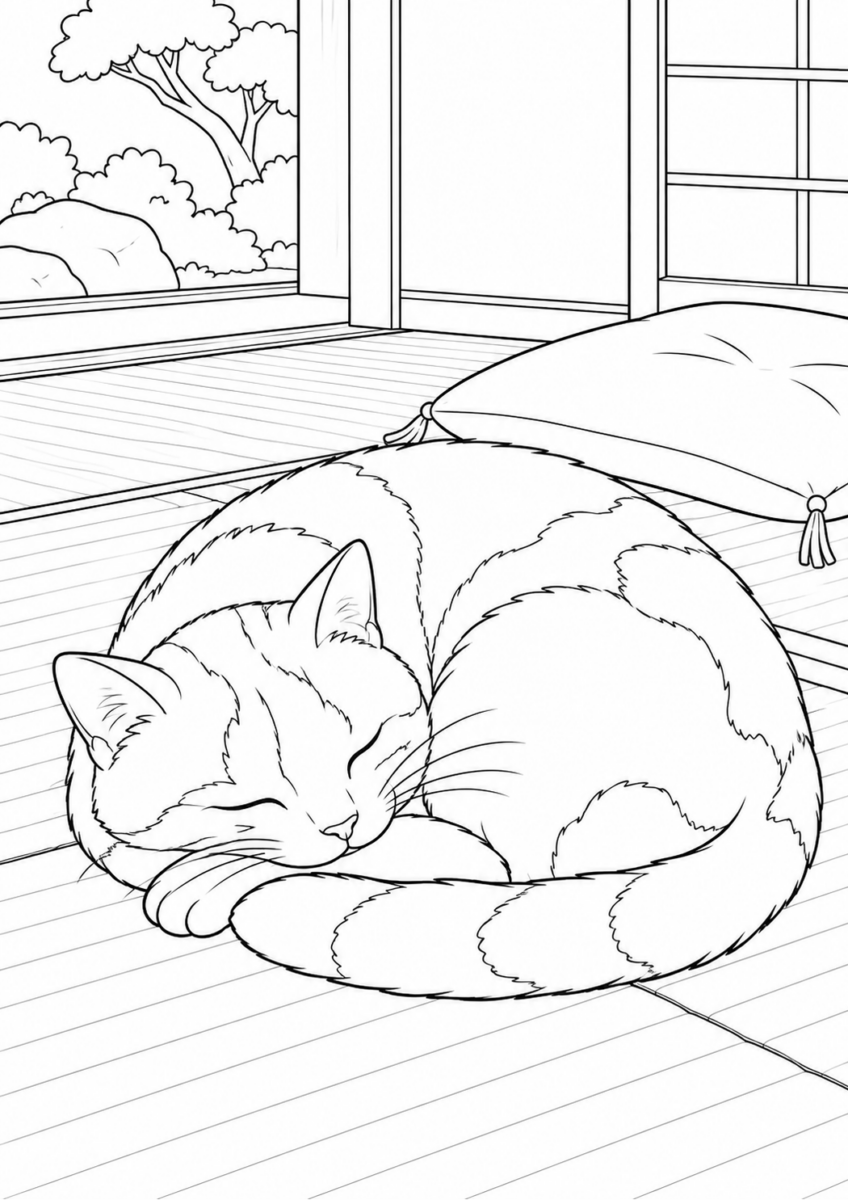 畳で丸くなる猫を描いた高齢者向けの白黒線画塗り絵