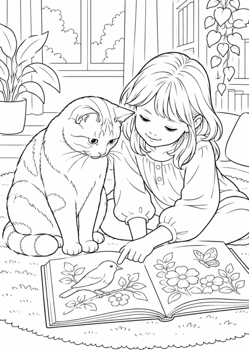 子どもと絵本を見る猫を描いた高齢者向けの白黒線画塗り絵