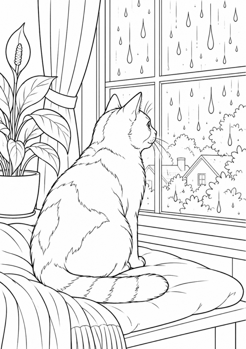 雨の窓を見つめる猫を描いた高齢者向けの白黒線画塗り絵