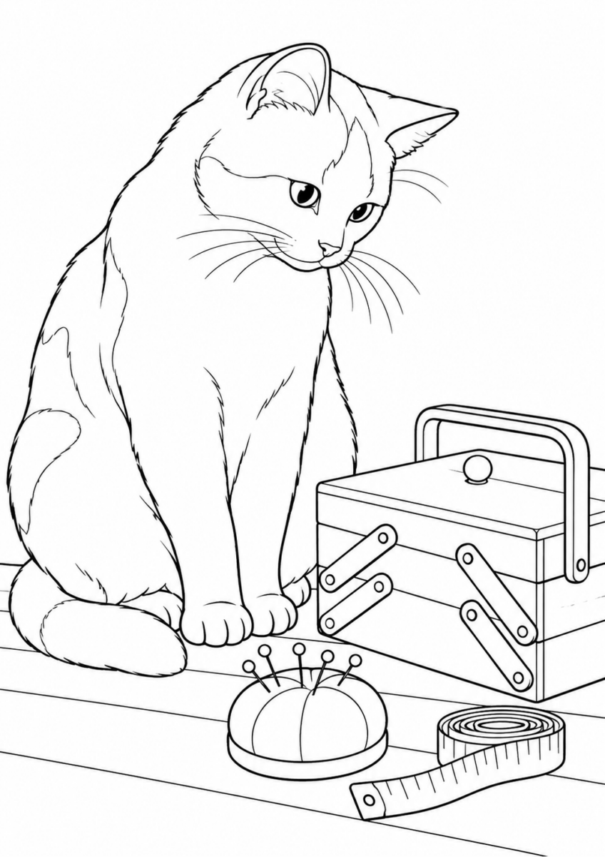 裁縫箱のそばの猫を描いた高齢者向けの白黒線画塗り絵