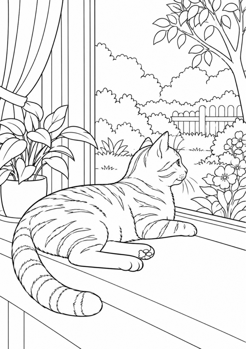 窓辺で日なたぼっこする猫を描いた高齢者向けの白黒線画塗り絵