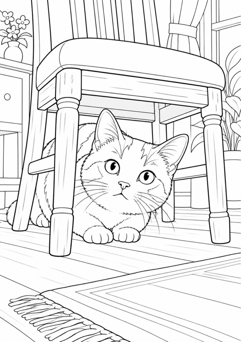 椅子の下からのぞく猫を描いた高齢者向けの白黒線画塗り絵