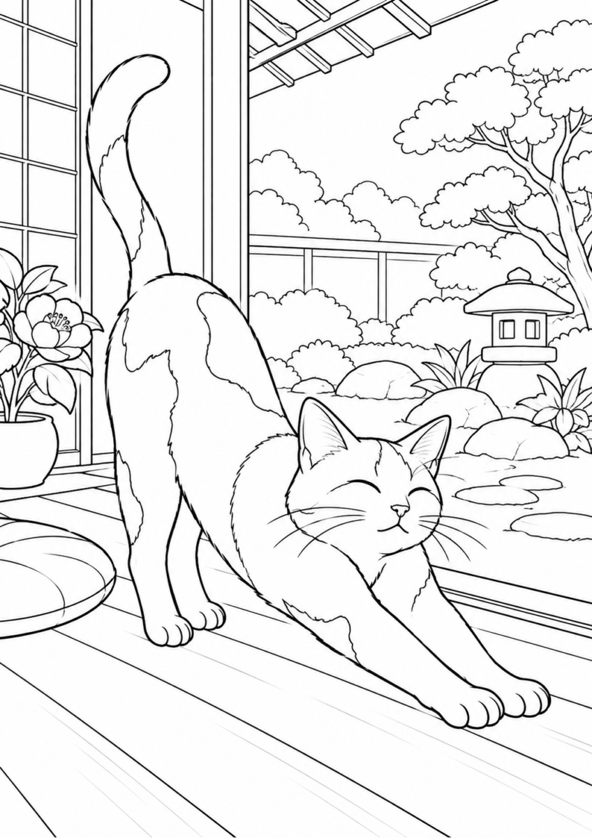 縁側で伸びをする猫を描いた高齢者向けの白黒線画塗り絵