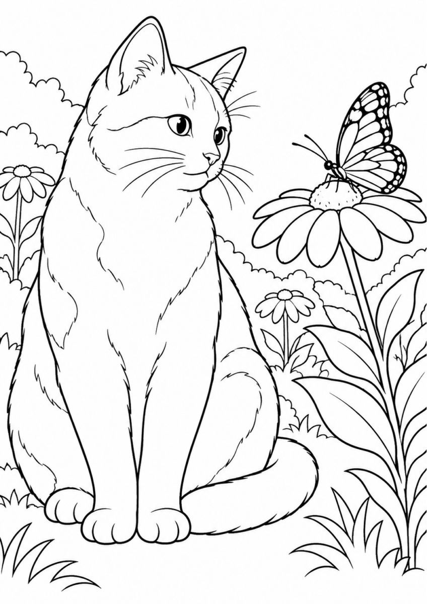 蝶を見つめる猫を描いた高齢者向けの白黒線画塗り絵