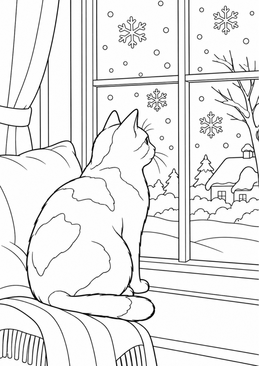 雪を眺める猫を描いた高齢者向けの白黒線画塗り絵