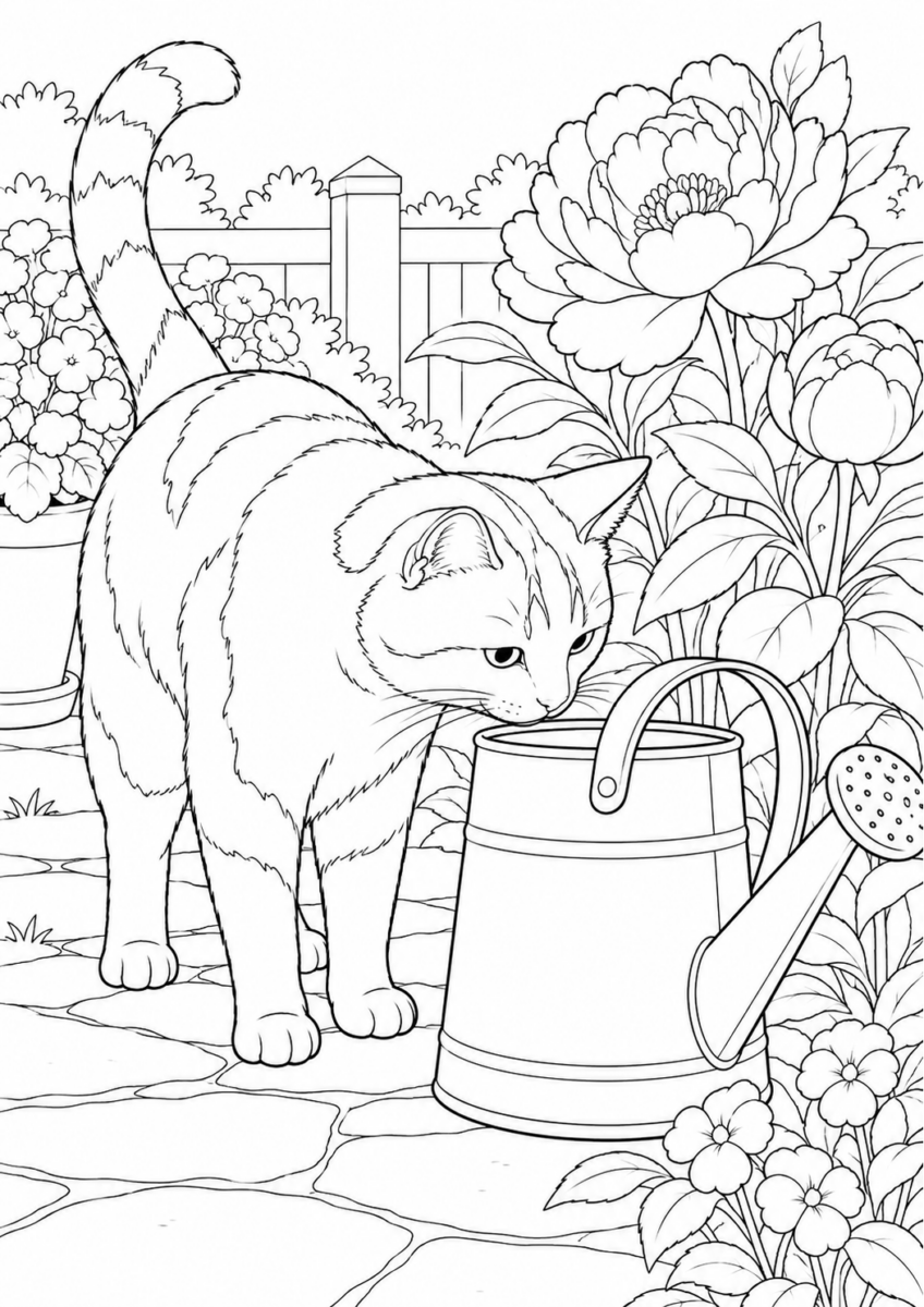 庭のじょうろと猫を描いた高齢者向けの白黒線画塗り絵