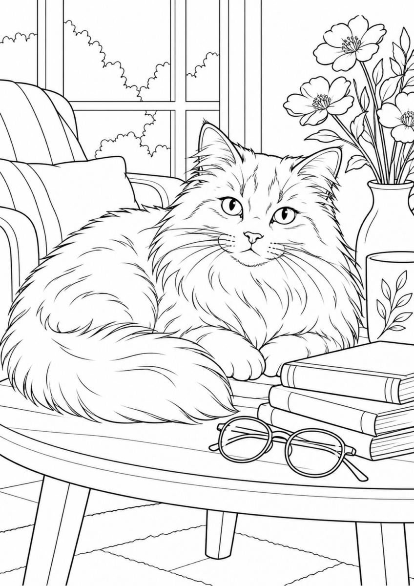 本のそばでくつろぐ猫を描いた高齢者向けの白黒線画塗り絵