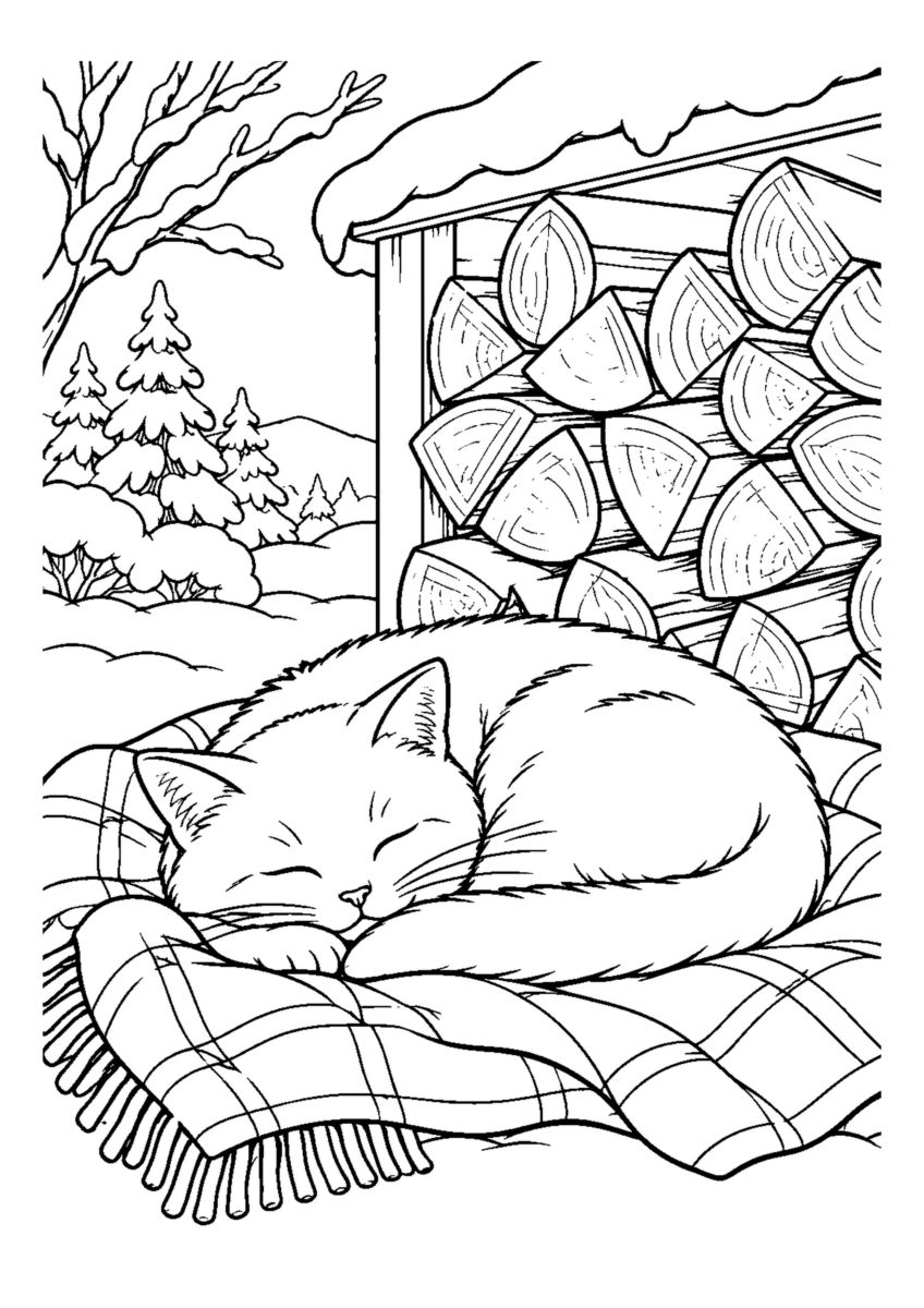 積み薪の前で丸くなる猫1匹と毛布。白黒の高齢者向け塗り絵