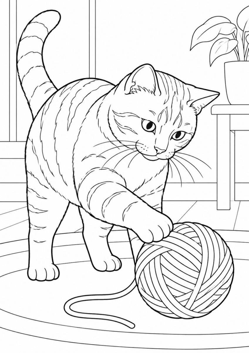 毛糸玉で遊ぶ猫を描いた高齢者向けの白黒線画塗り絵