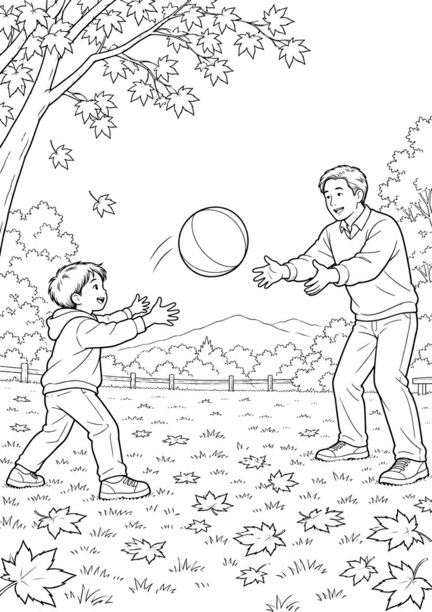 落ち葉のある広場で、父親と子どもが少し離れて向かい合い、大きな柔らかいボールを投げ合っている様子を、太く見やすい黒線で描いた高齢者向け塗り絵