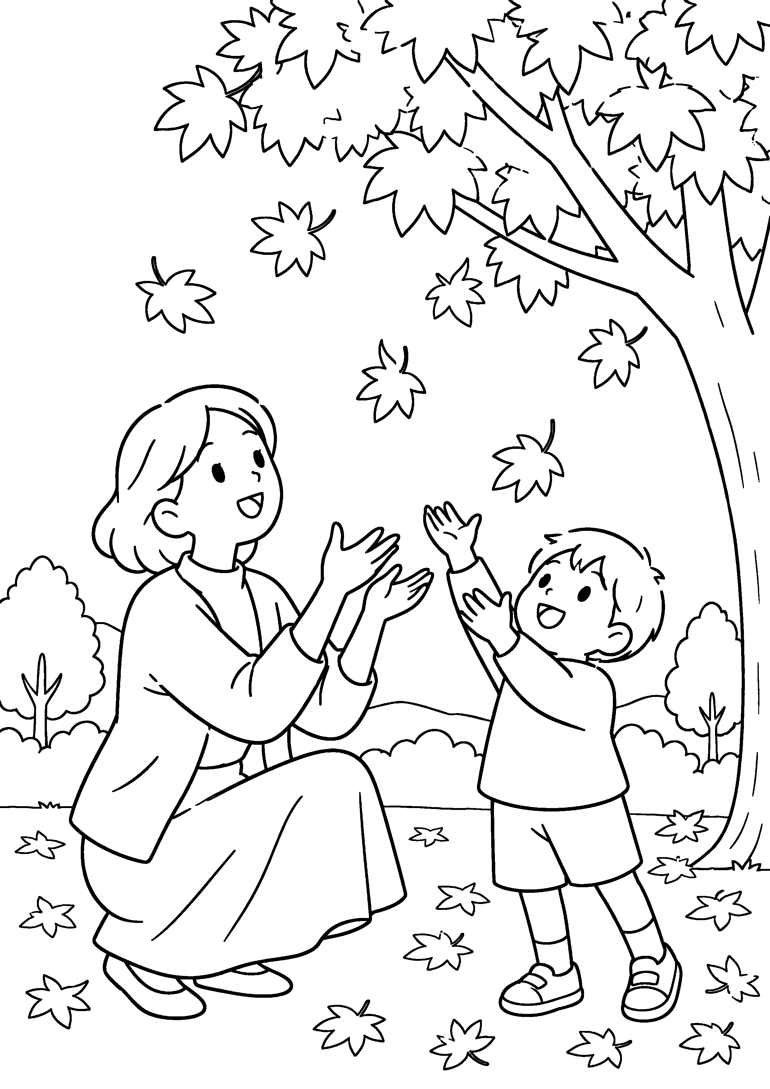 紅葉した大きな木の下で、親子が空から舞う落ち葉を両手で受け止めようとしている様子を、太く見やすい黒線で描いた高齢者向け塗り絵