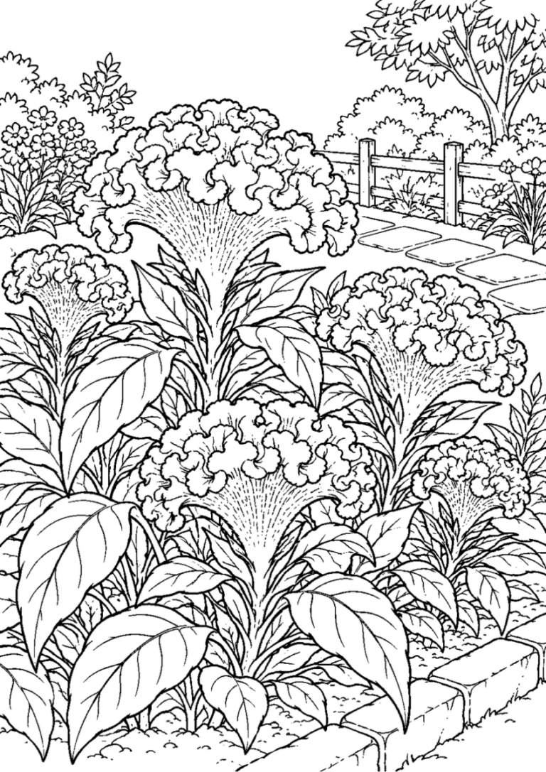ケイトウの花壇を10月の場面として描いた高齢者向けの白黒線画塗り絵