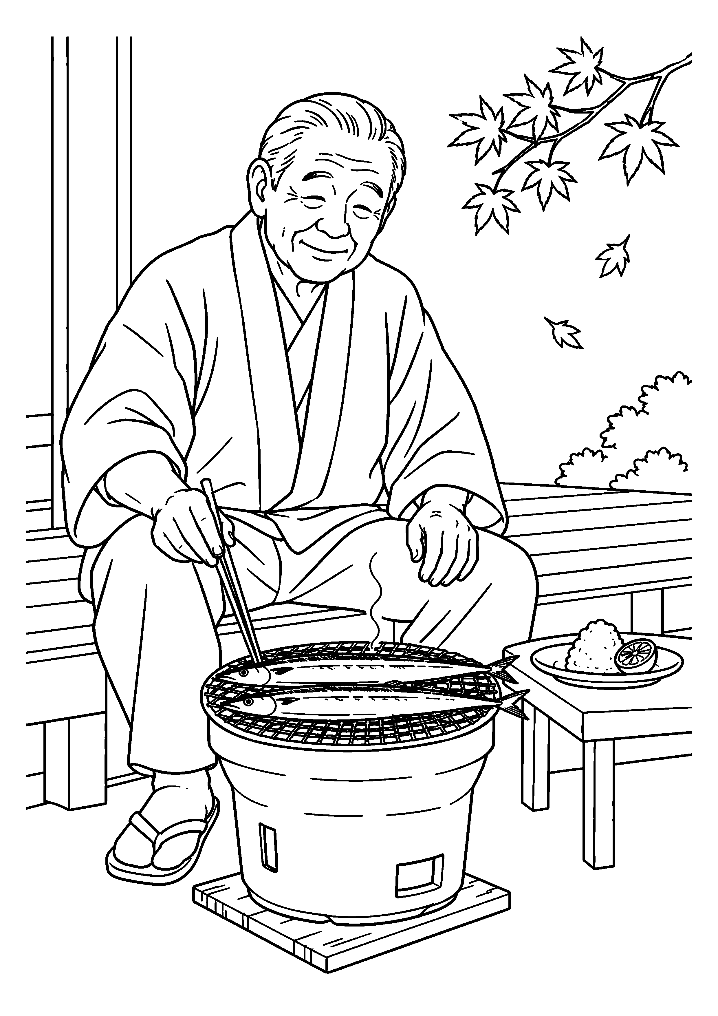 【11月】七輪で焼く秋刀魚の塗り絵