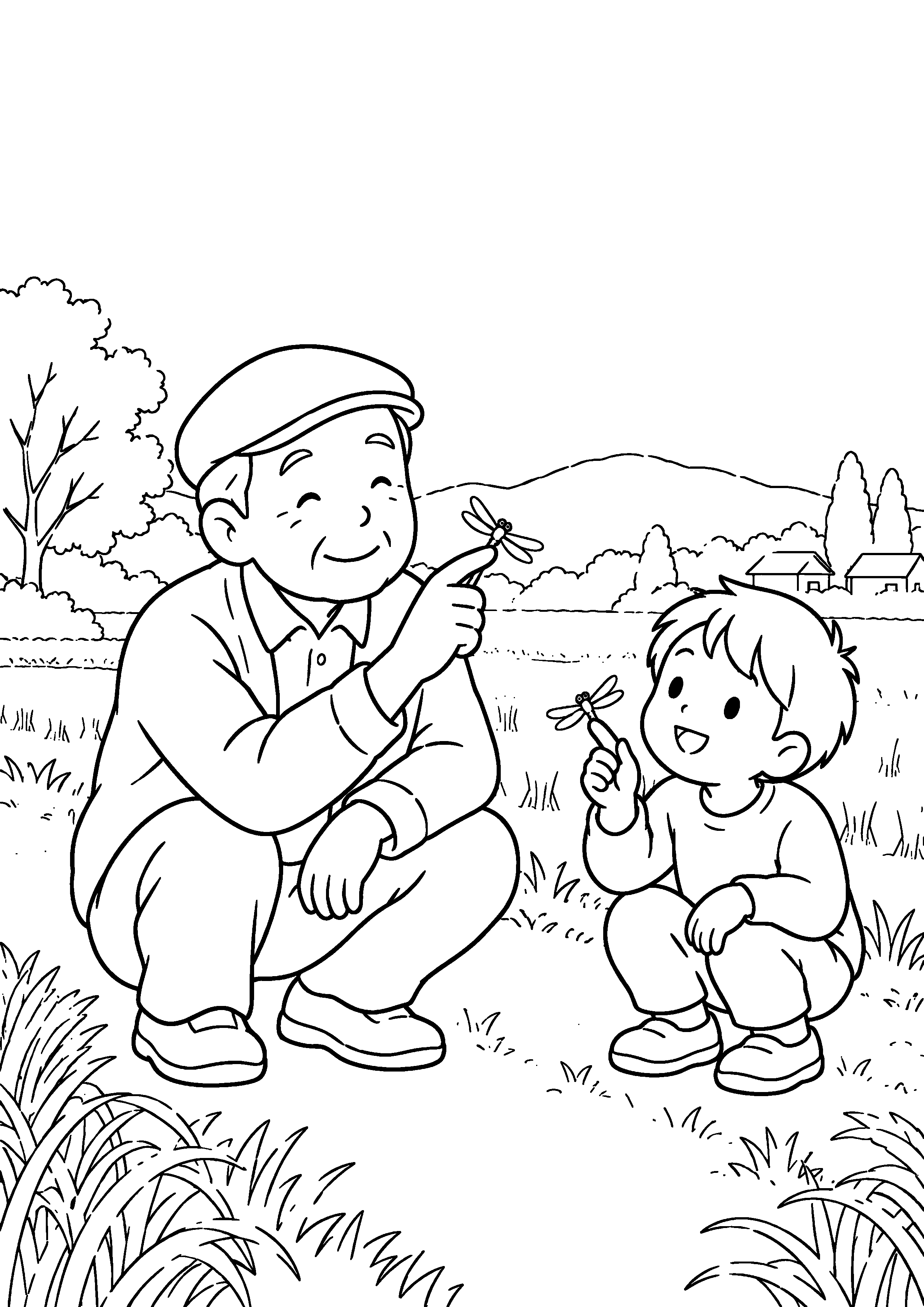 晩秋の田んぼ道で、子どもと祖父が指先に赤とんぼが止まるのを静かに待っている様子を、太く見やすい黒線で描いた高齢者向け塗り絵