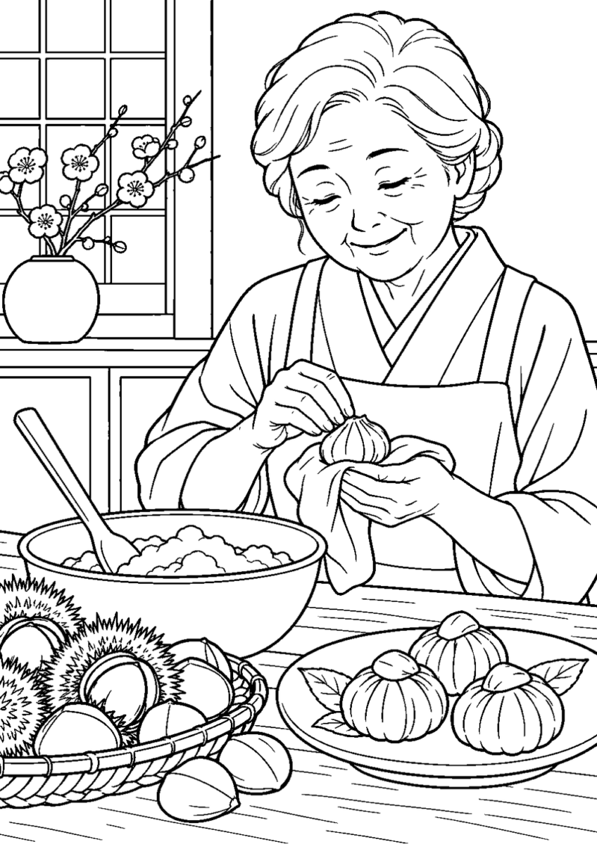 栗きんとん作りを10月の場面として描いた高齢者向けの白黒線画塗り絵