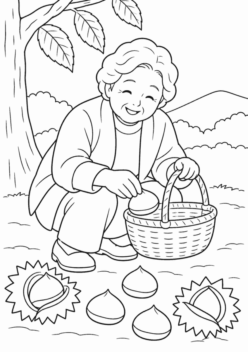 高齢の女性が栗の木の下で栗拾いをする10月の白黒線画の塗り絵