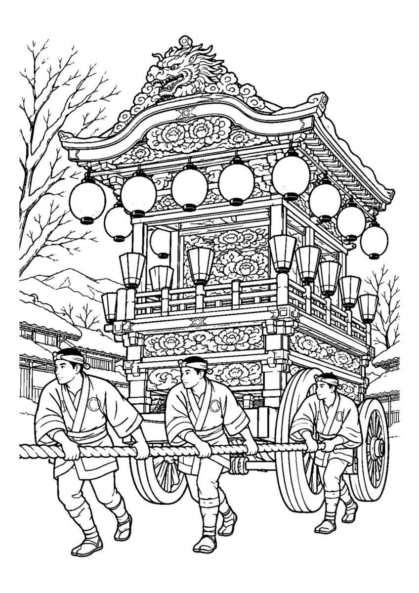 提灯を飾った大きな山車1台と曳き手3人。白黒の高齢者向け塗り絵