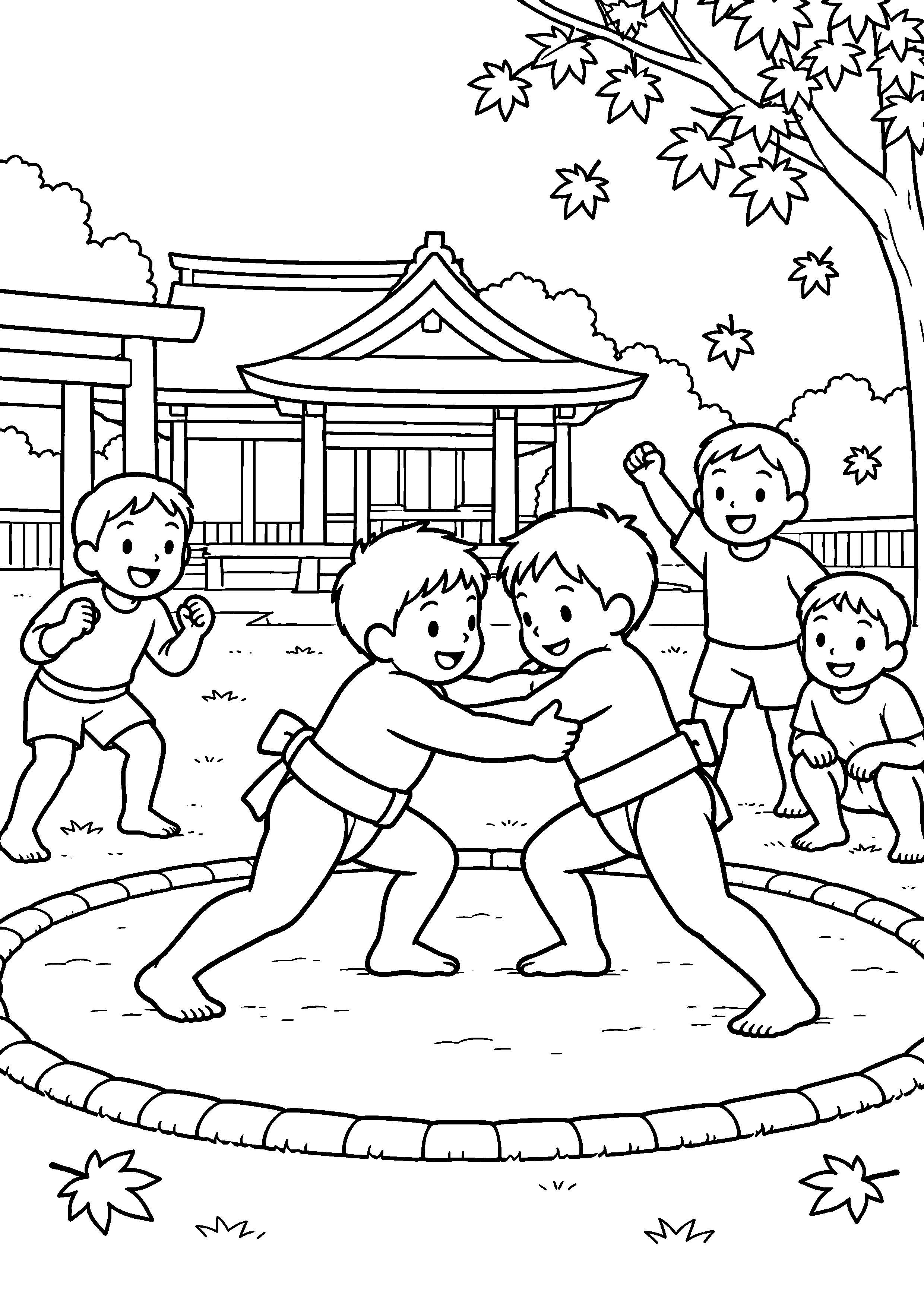 紅葉した神社の境内で、丸い土俵の上の二人の子どもが相撲を取り、友達が応援している様子を、太く見やすい黒線で描いた高齢者向け塗り絵