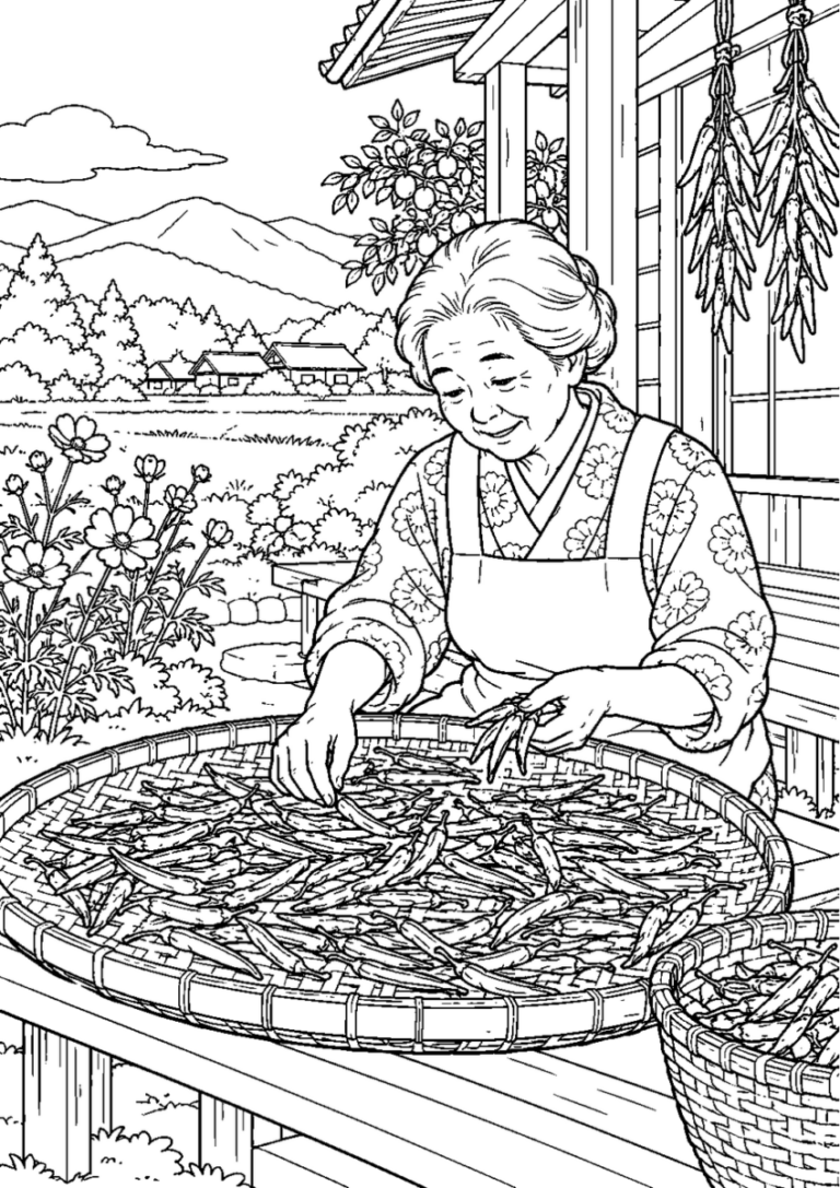 唐辛子の天日干しを10月の場面として描いた高齢者向けの白黒線画塗り絵