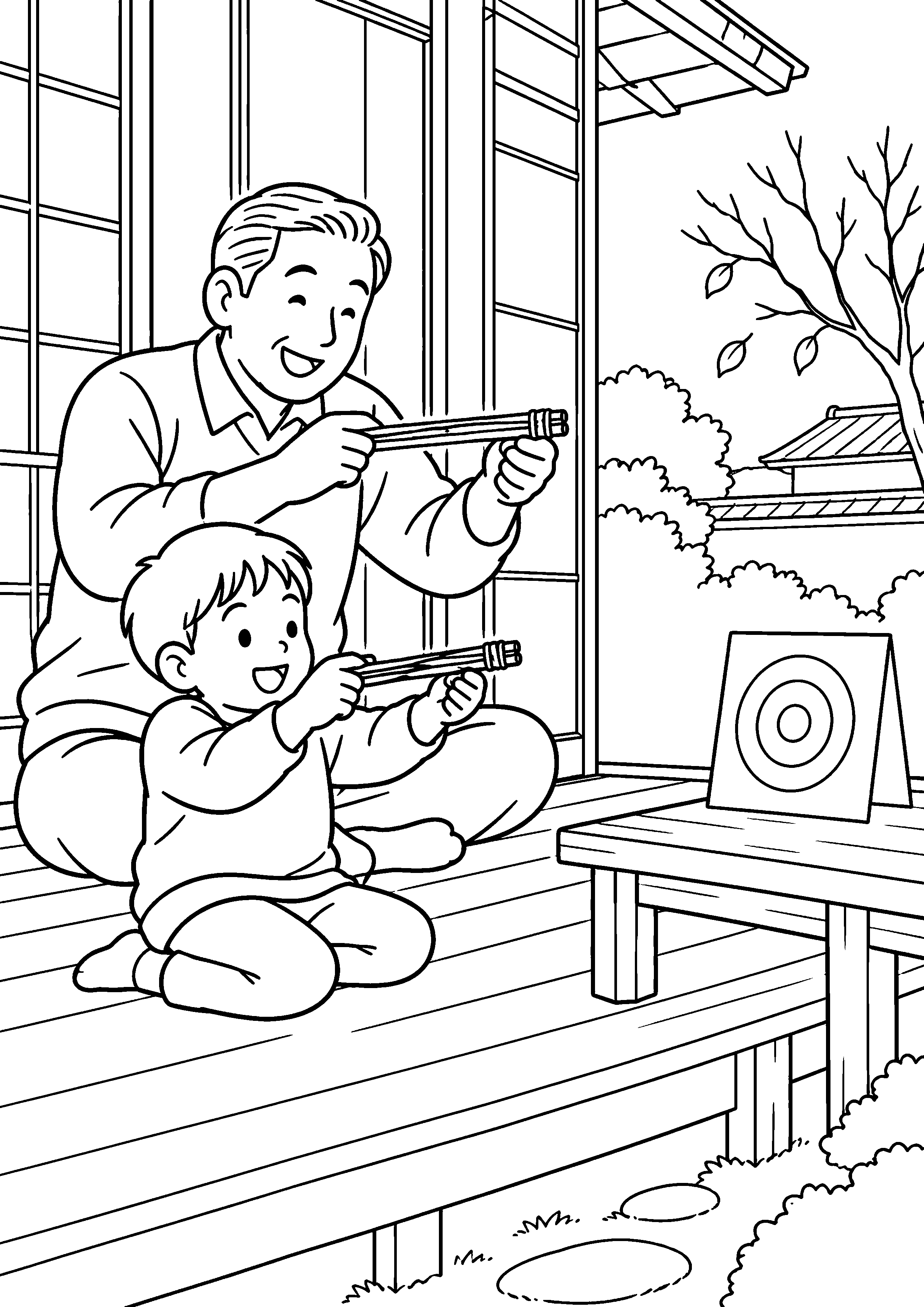 昭和の縁側で、父親と子どもが割り箸と輪ゴムで作ったおもちゃを机の紙の的に向けて遊んでいる様子を、太く見やすい黒線で描いた高齢者向け塗り絵