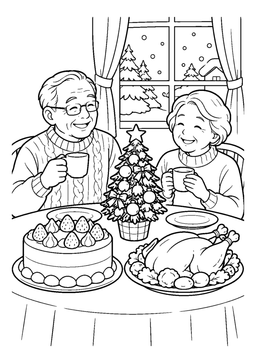 ケーキとチキンと小さな卓上ツリーを囲む高齢者2人。白黒の高齢者向け塗り絵