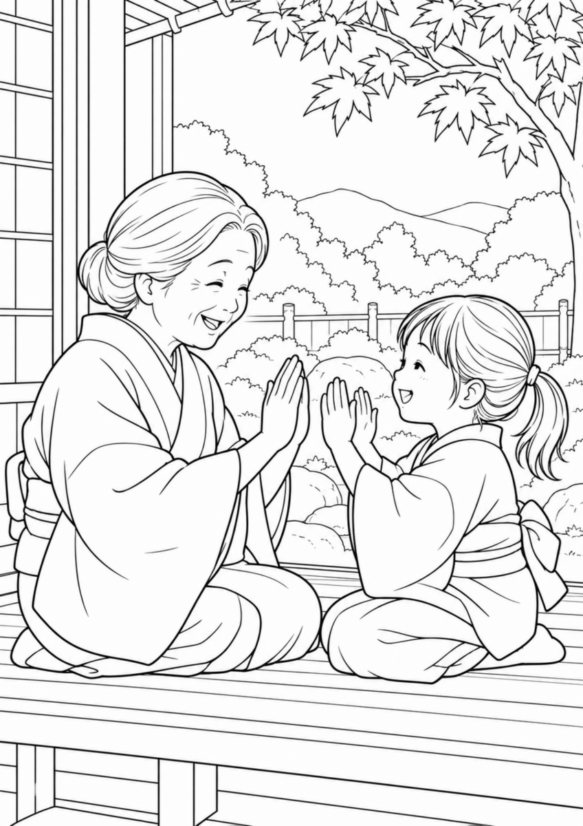 縁側で、祖母と孫が向かい合って手のひらを合わせ、簡単な手遊び歌を楽しんでいる様子を、太く見やすい黒線で描いた高齢者向け塗り絵