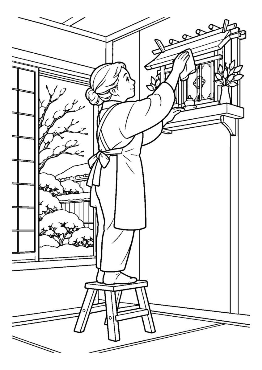 踏み台から神棚を乾いた布で拭く人物1人。白黒の高齢者向け塗り絵