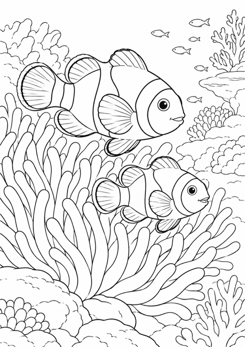 珊瑚礁のクマノミを描いた高齢者向けの白黒線画塗り絵