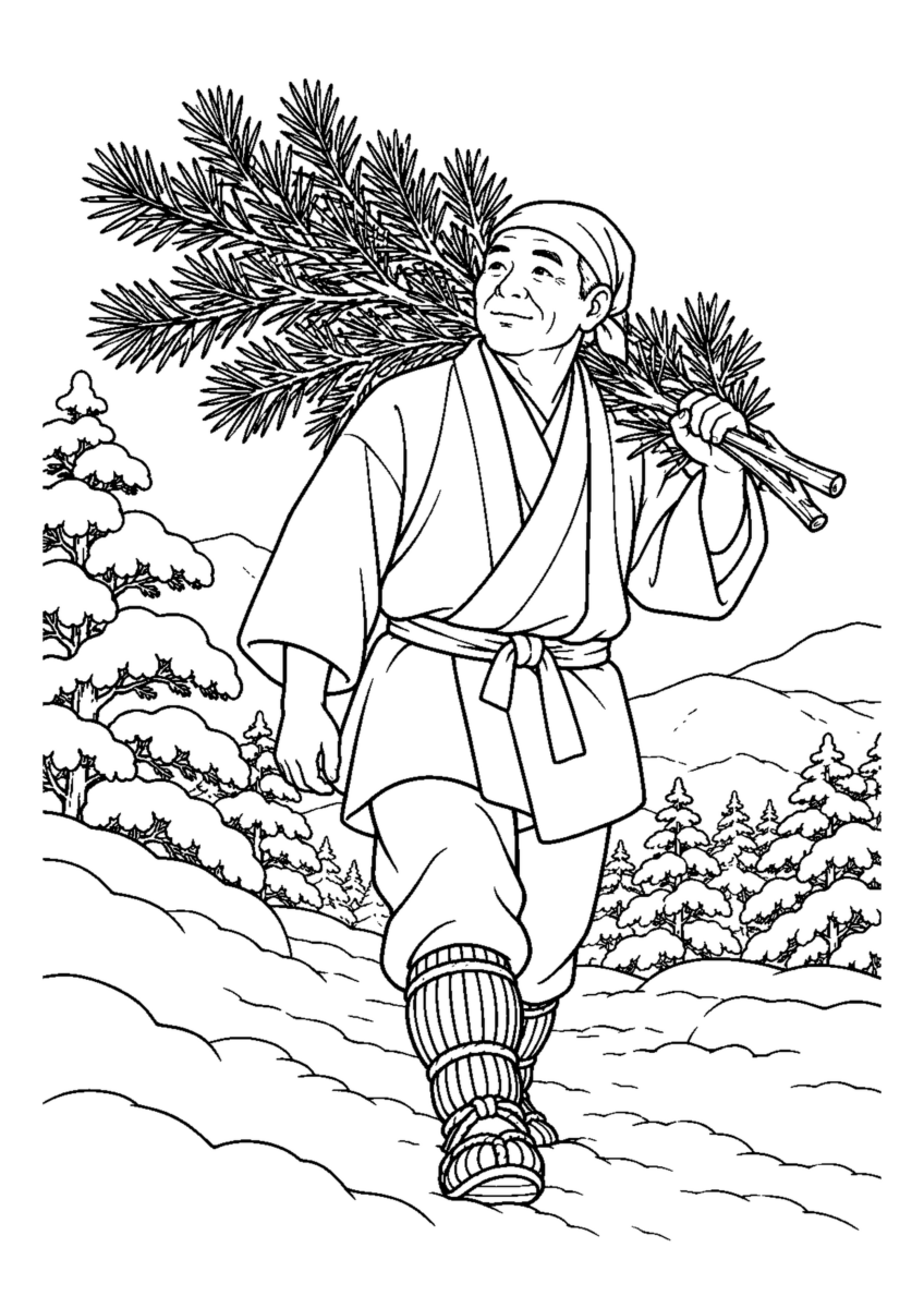 里山で松枝を選び肩に担ぐ人物1人。白黒の高齢者向け塗り絵