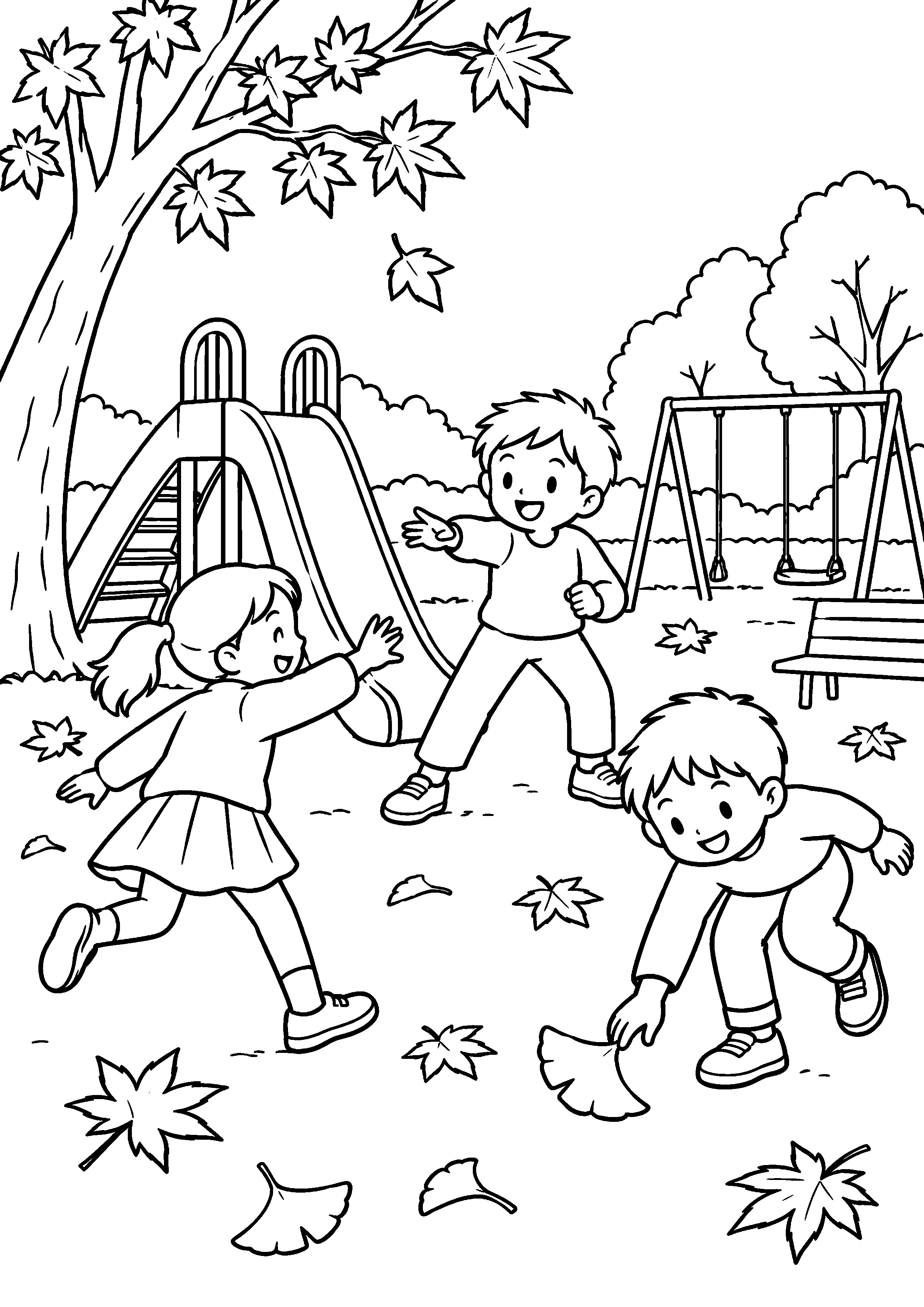 紅葉した公園で、鬼役の子どもが色を呼び、友達が赤い遊具や黄色い葉に触れようとしている様子を、太く見やすい黒線で描いた高齢者向け塗り絵