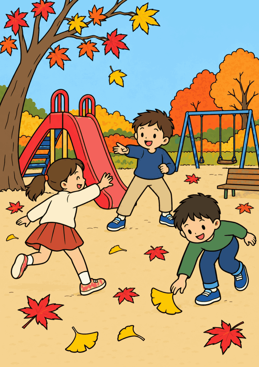 紅葉した公園で、鬼役の子どもが色を呼び、友達が赤い遊具や黄色い葉に触れようとしている同じ構図を、11月らしい赤、黄、茶、落ち着いた青や緑でやさしく彩った着色見本