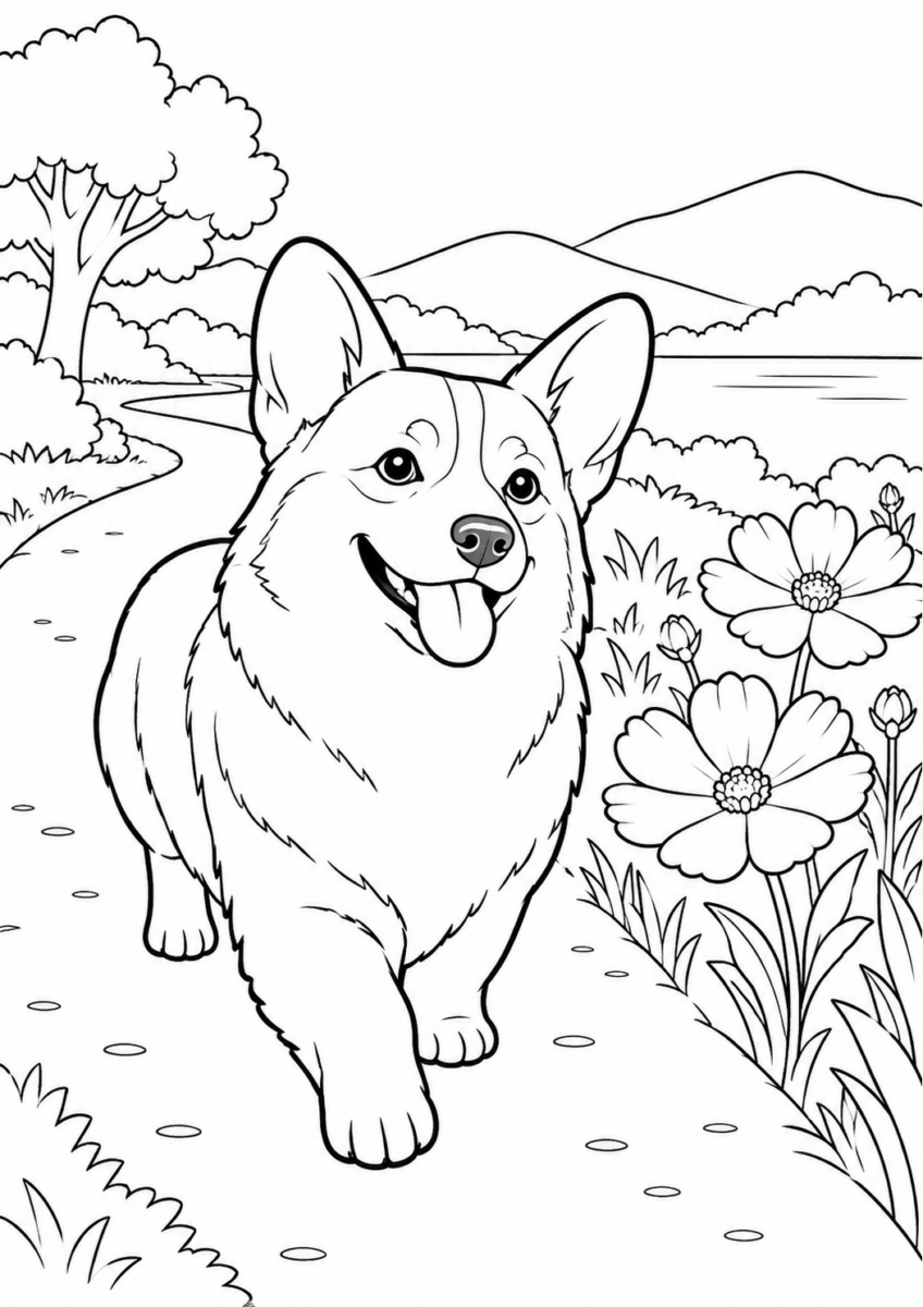 花畑を歩くコーギーを描いた高齢者向けの白黒線画塗り絵