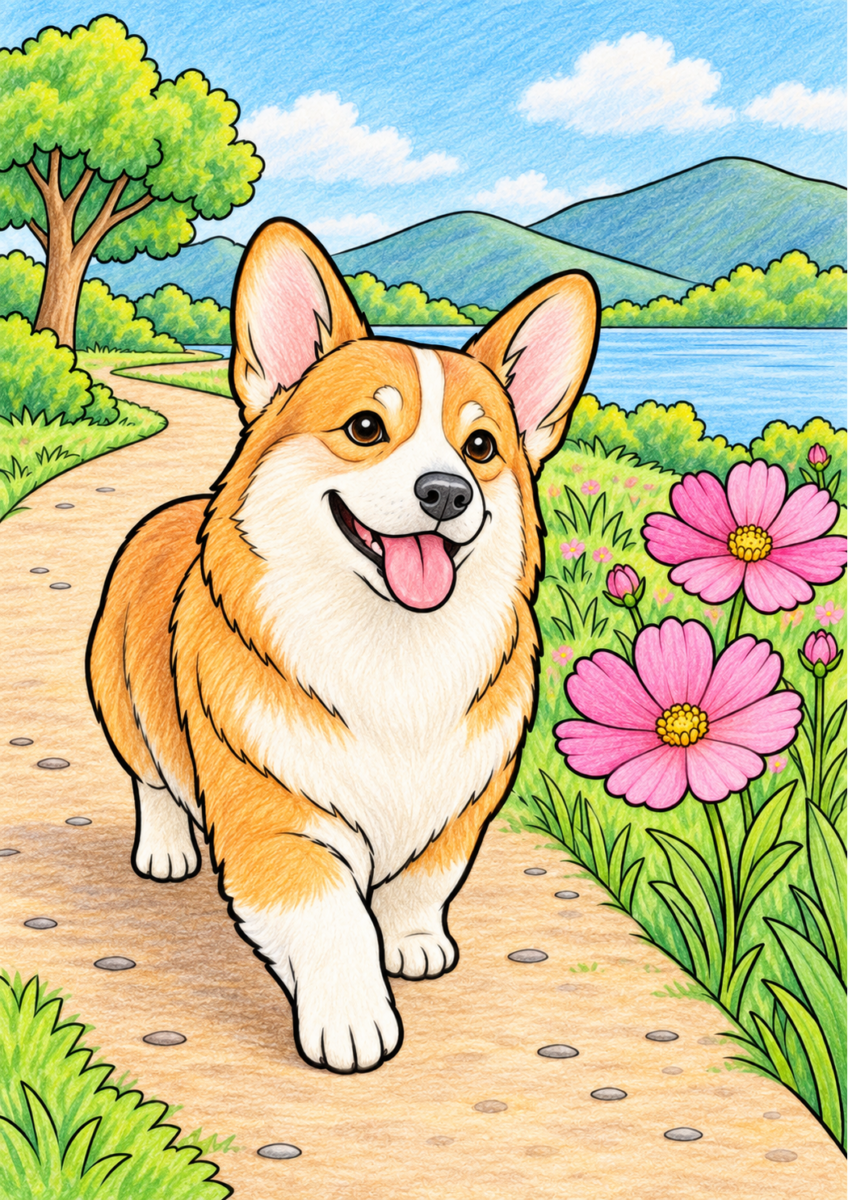 花畑を歩くコーギーを自然な色合いで塗った高齢者向け塗り絵の着色見本
