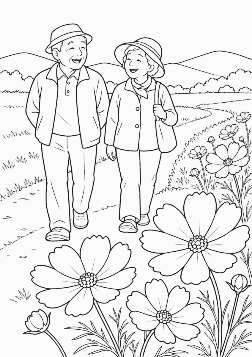 【10月】コスモス畑を散策する塗り絵