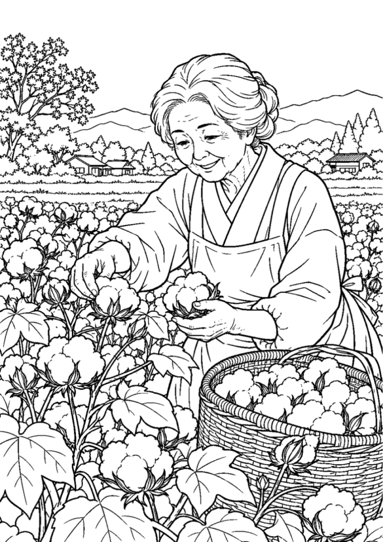 綿花の収穫を10月の場面として描いた高齢者向けの白黒線画塗り絵