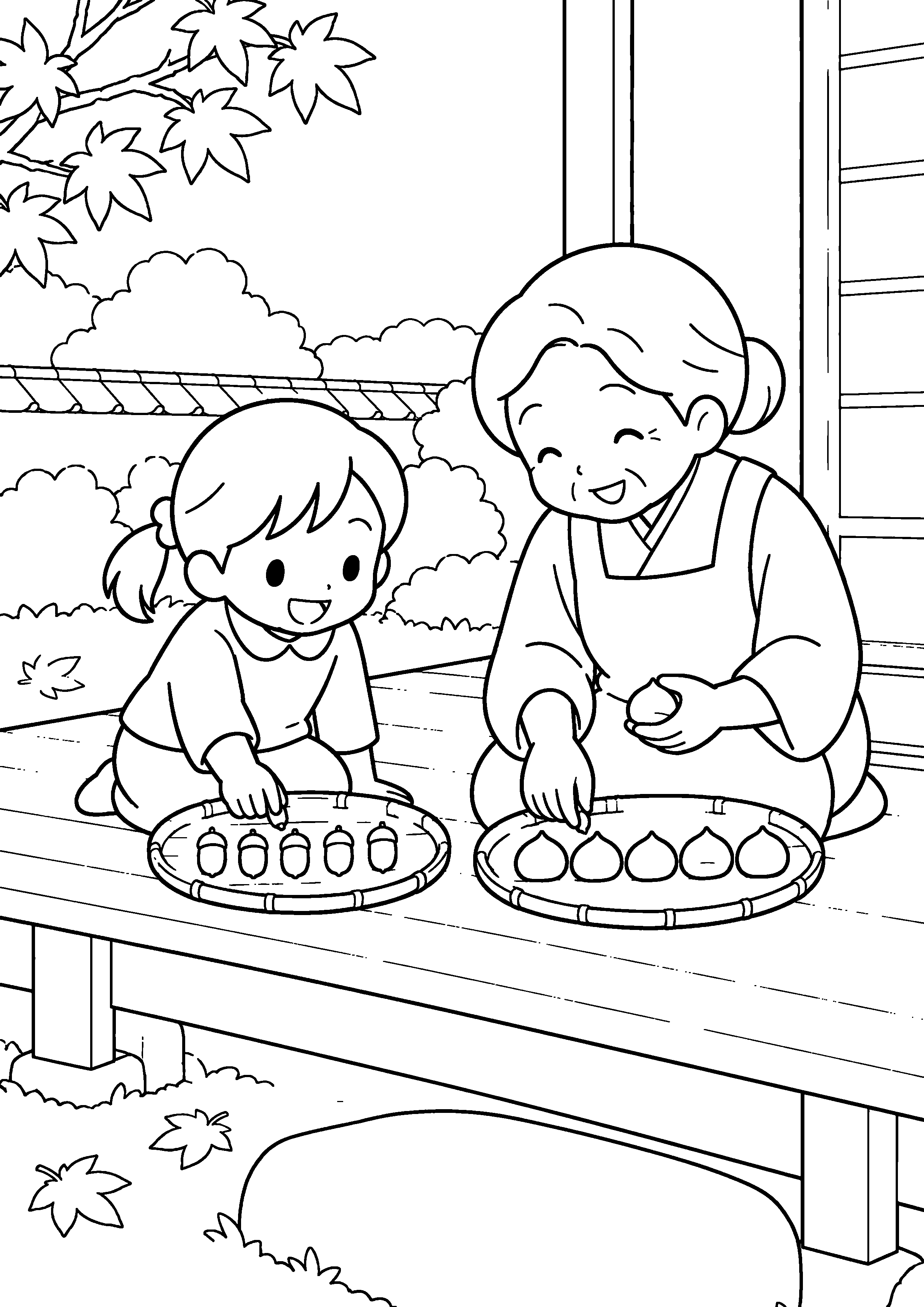 昭和の縁側で、祖母と子どもがどんぐりや栗を五つずつ竹皿に並べて数えている様子を、太く見やすい黒線で描いた高齢者向け塗り絵