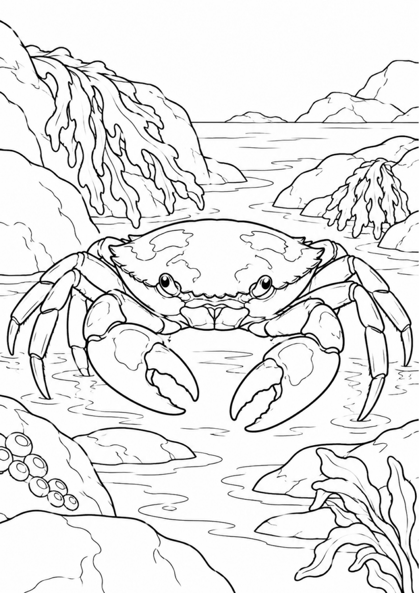 磯辺のカニを描いた高齢者向けの白黒線画塗り絵