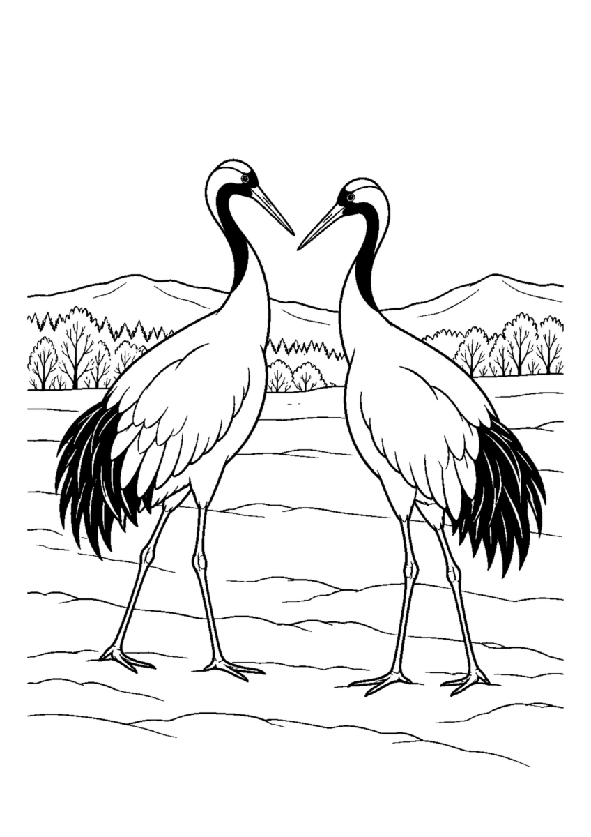 雪原で向かい合うタンチョウ2羽。白黒の高齢者向け塗り絵