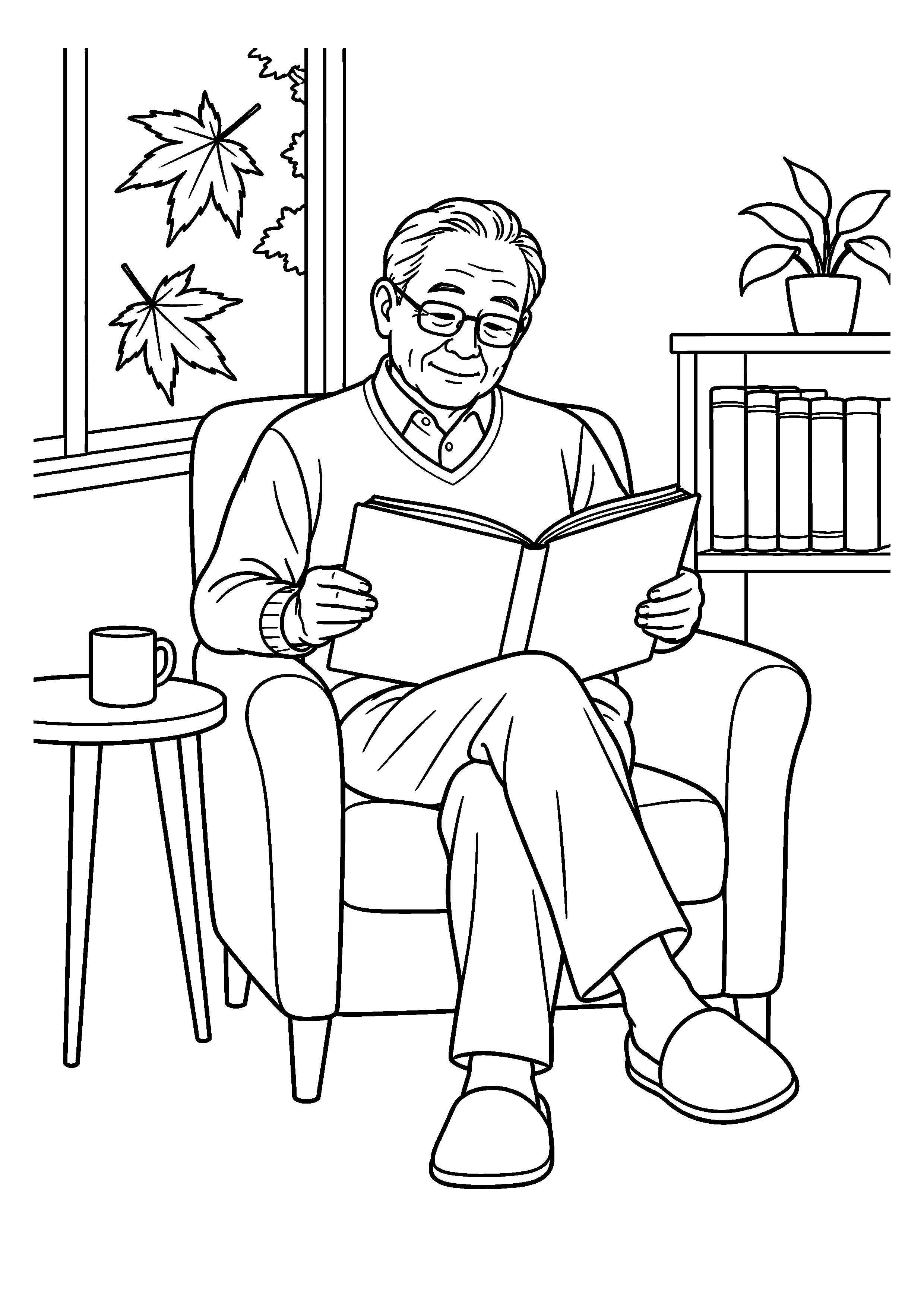 秋の日差しが入る図書室で、椅子に座って本を読む人を描いた高齢者向けの白黒線画塗り絵