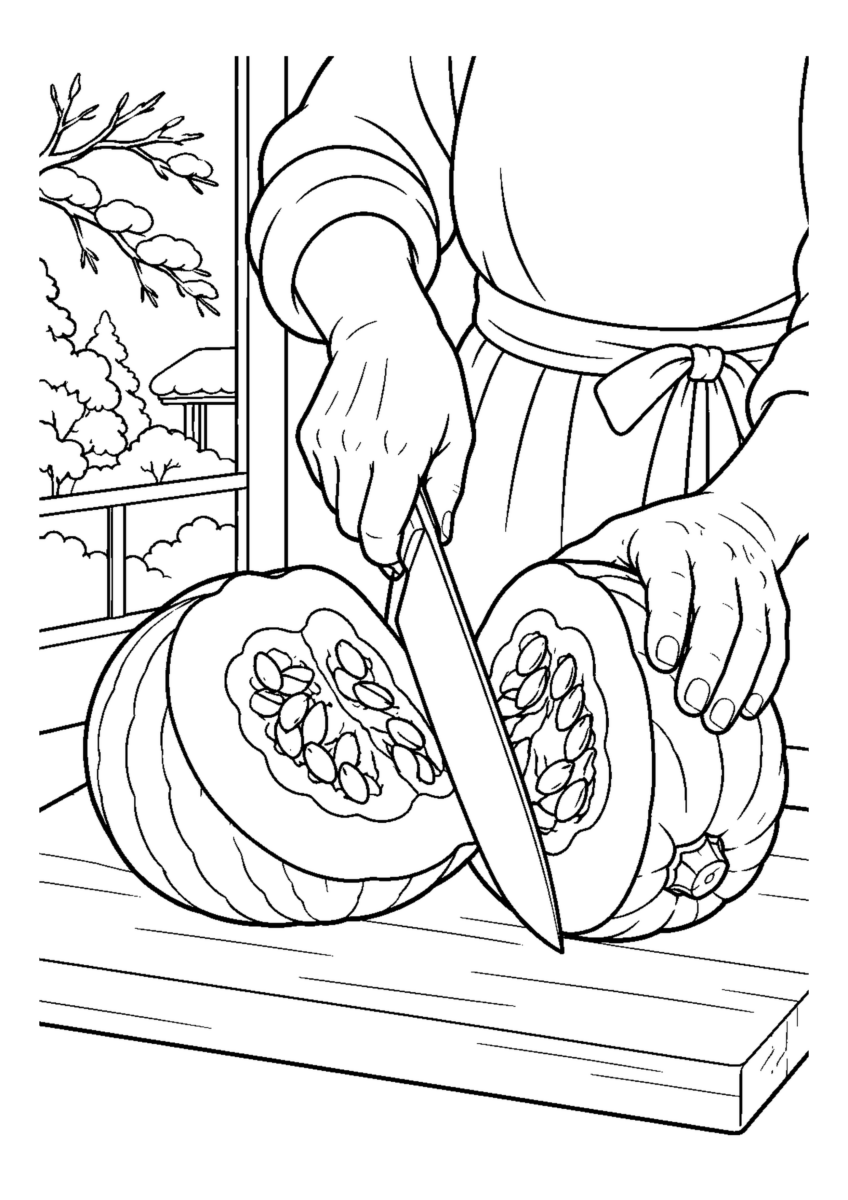 丸いかぼちゃ半分を大きく切り分ける手元。白黒の高齢者向け塗り絵