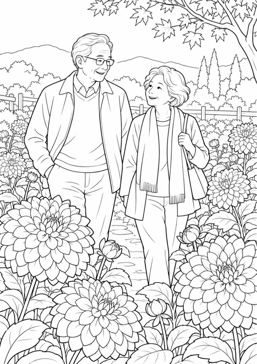 ダリア園を10月の場面として描いた高齢者向けの白黒線画塗り絵