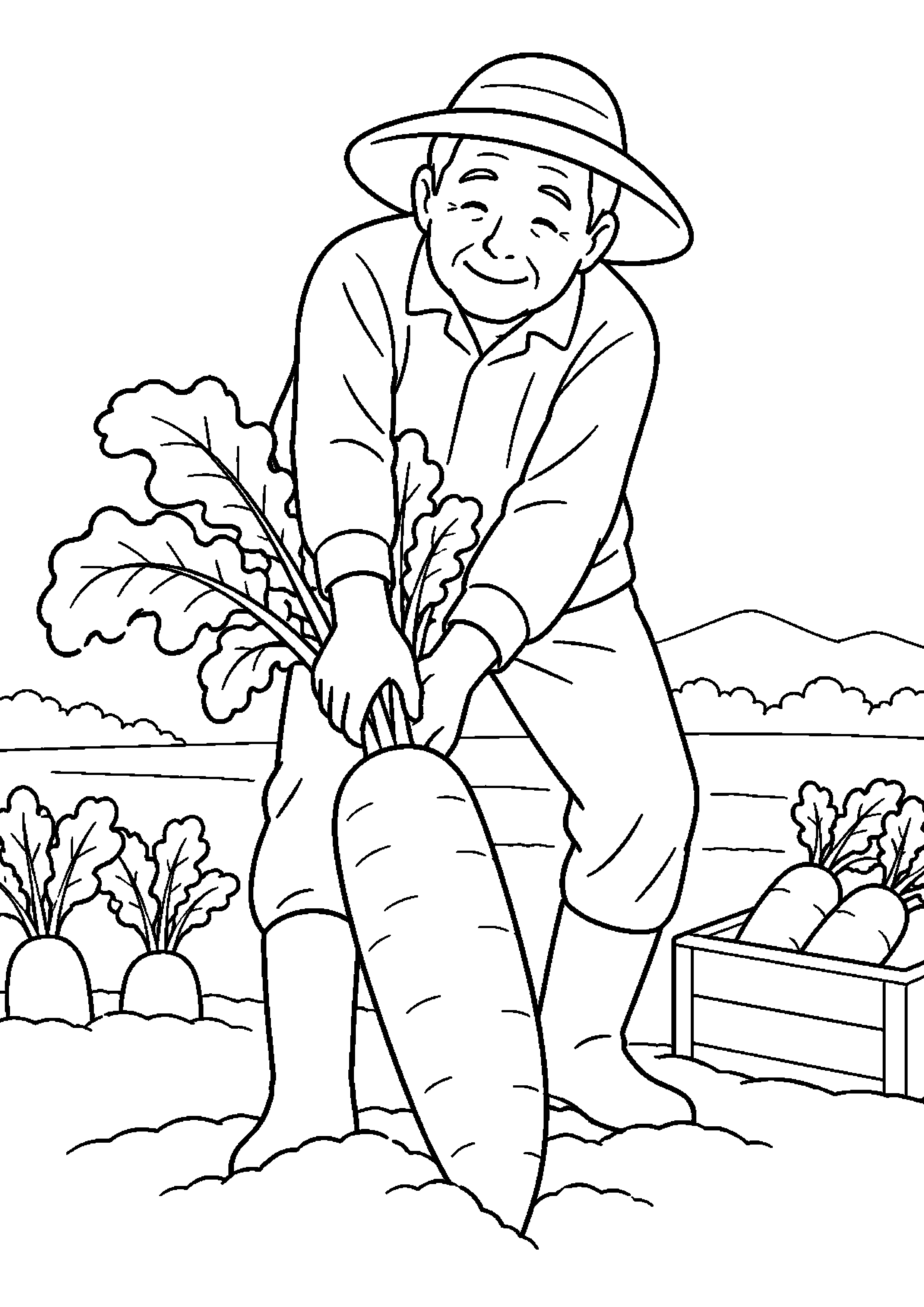 畑から太い大根を一本引き抜く人物高齢者向けの白黒塗り絵